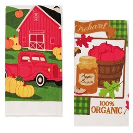 A&T Designs Set of 2 Orchard Red Pickup Truck Kitchen Hand Dish Towels - (Fall, Thanksgiving - Classic Farmhouse Farm Rustic)