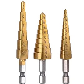 DRILAX 3-Pc HSS Titanium Coated Step Drill Bit Set - 1/4" Quick-Change Hex Shank - 28 Hole Sizes (1/8" to 3/4") - 2-Flute Design for Metal, Plastic, Fiberglass & Wood with Pouch