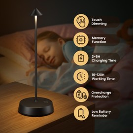 Cordless Table Lamps Rechargeable, 6000mAh LED Battery Operated Desk Lamp, Portable Outdoor Waterproof Touch Stepless Dimmable Wireless Table Light for Dining Restaurant Home Patio (Black-1PC)