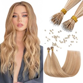 Elailite Hair Extensions Real Human Hair Nano Ring Nano Beads Cold Fusion 50 Strands 35g Straight （#12/613 Golden Brown Mix Bleach Blonde, 24 Inch)