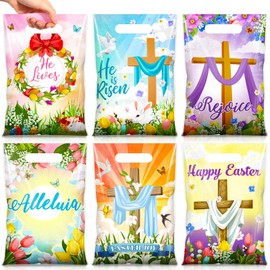 Honeydak 60 Pcs Religious Easter Treat Bags Plastic Easter Candy Treat Goodie Cookie Bags Christian Cross Party Favors for Spring Sunday School Church Party Supplies