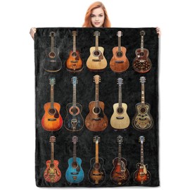 Vintage Guitar Collection Throw Blanket - Soft and Cozy Fleece Blanket with Colorful Acoustic Guitar Design - Perfect for Music Lovers, Couch, Bed, or Outdoor Use - 50x60 Inches