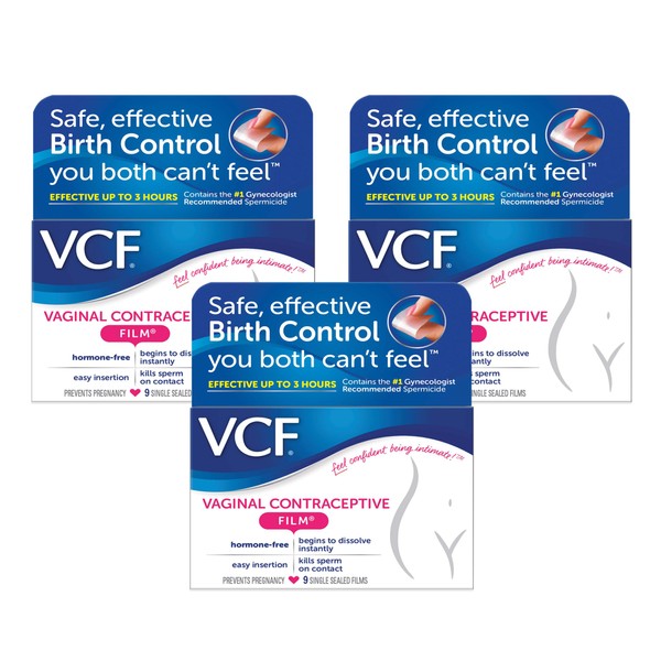VCF Vaginal Contraceptive Film with Spermicide, 3 Boxes of 9 Prevent Pregnancy, Nonoxyl-9 Kills Sperm on Contact, Hormone-Free, Easy to Use, Unnoticeable, 27 Total…
