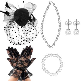 Brimekichio Black Fascinators Hats for Women Tea Party Hats and Lace Gloves for Women Tea Party Accessories Set 5 Pcs