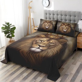 Pamnest 4 Pieces Queen Size Bed Sheet Sets, King Lion Golden Soft Microfiber SBedding Sets for Kids and Adults Bedroom Bed Decor, Animal Cat Flat Sheet, Fitted Sheet and 2 Pillowcases