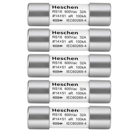 Heschen Cylindrical Ceramic Tube Fuse, RS16, aR Type, 14 x 51 mm, 32A 600VAC 100kA, Pack of 5