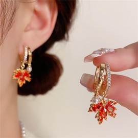 Small Hoop Dangle Earrings for Women,Trendy Rhinestone Orange Earrings Charm Maple Leaf Earrings Crystal Drop Autumn Earrings Thanksgiving Fall Accessories Fashion Jewelry (B-Pearl+Orange Leaf)