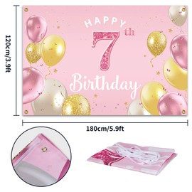 PAKBOOM Happy 7th Birthday Backdrop Banner - 7 Birthday Party Decorations Supplies for Girls - Pink 3.9 x 5.9ft