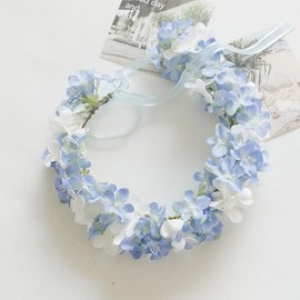 MAFELOE Floral Headband Garland, Adjustable Artificial Flower Headpieces with Ribbon for Women, Handmade Bridal Wedding Party Hairband-Blue+White