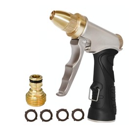 HQMPC Garden Hose Nozzle Metal Hose Spray Nozzle High Pressure Water Hose Nozzle Brass Head Hose Nozzle Spray Nozzle For Hose Watering Car Washing With 1 Pcs Male Quick Connect Nipple and 4Pcs Washer