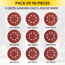 AUGOLA 90Pcs Sanding Discs Pads, Hook and Loop 40 60 80 100 120 150 240 320 600 Mixed Grits 125mm Sandpaper Sheet for Random Orbital Sander, 8-Holes
