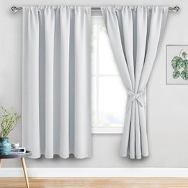 JIUZHEN Blackout Curtains for Bedroom - 70 Inch Extra Wide Thermal Insulated Room Darkening Privacy Soundproof Curtains for Living Room, Set of 2 Panels with Tiebacks, 70 x 63 inches, Greyish White