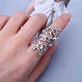 Aneneiceera Boho Long Crystal Leaf Ring Silver Cz Full Finger Ring Rhinestone Spiral Twisted Long Ring Big Leaf Flower Ring Vintage Adjustable Statement Ring Jewelry for Women and Girls (Silver)