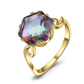 JewelryPalace Fancy Cut 5.7ct Multicolor Genuine Rainbow Quartz Cocktail Rings for Her, 14K Yellow Gold Plated 925 Sterling Silver Ring for Women, Natural Gemstone Jewellery Sets Rings, Size 7.5