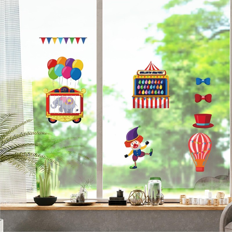 CREATCABIN 9 Sheets Circus Carnival Animals Window Stickers Clown Amusement
