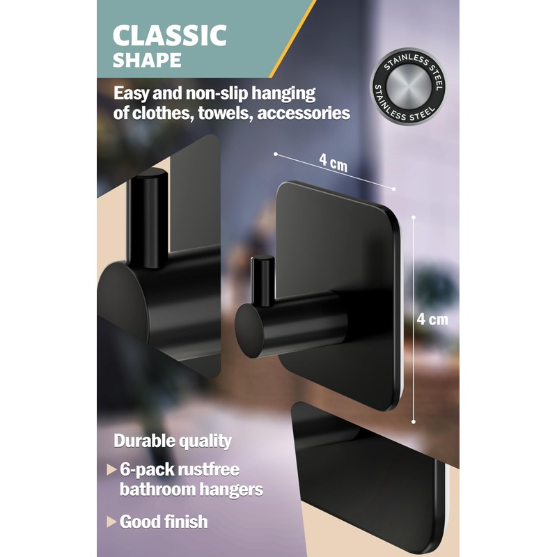 Menz 6-Pack Adhesive Towel Hooks for Bathrooms, Black - Durable