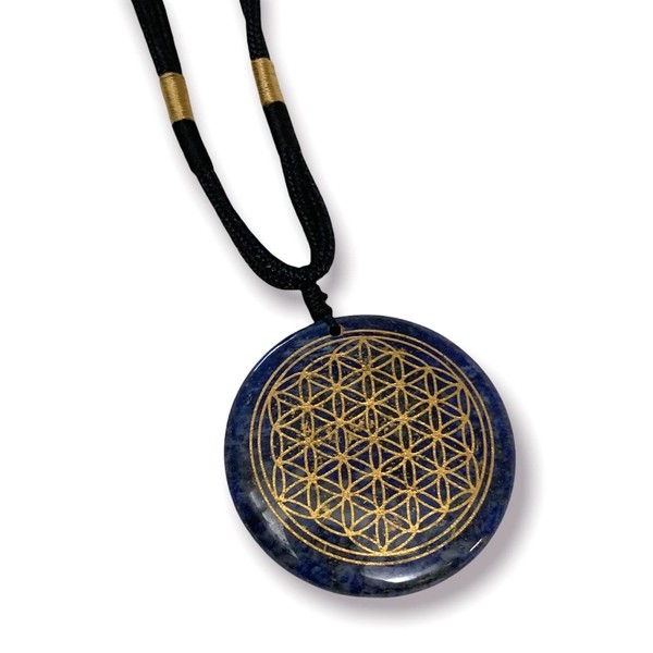 Ezina Designs Flower of Life Polished Gemstone Stone Amulet Pendant Lapis Lazuli Tigers Eye for Protection and Health (Lapis Lazuli)