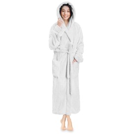 PAVILIA Women Hooded Plush Soft Robe | Fluffy Warm Fleece Sherpa Shaggy Bathrobe (L/XL, White)