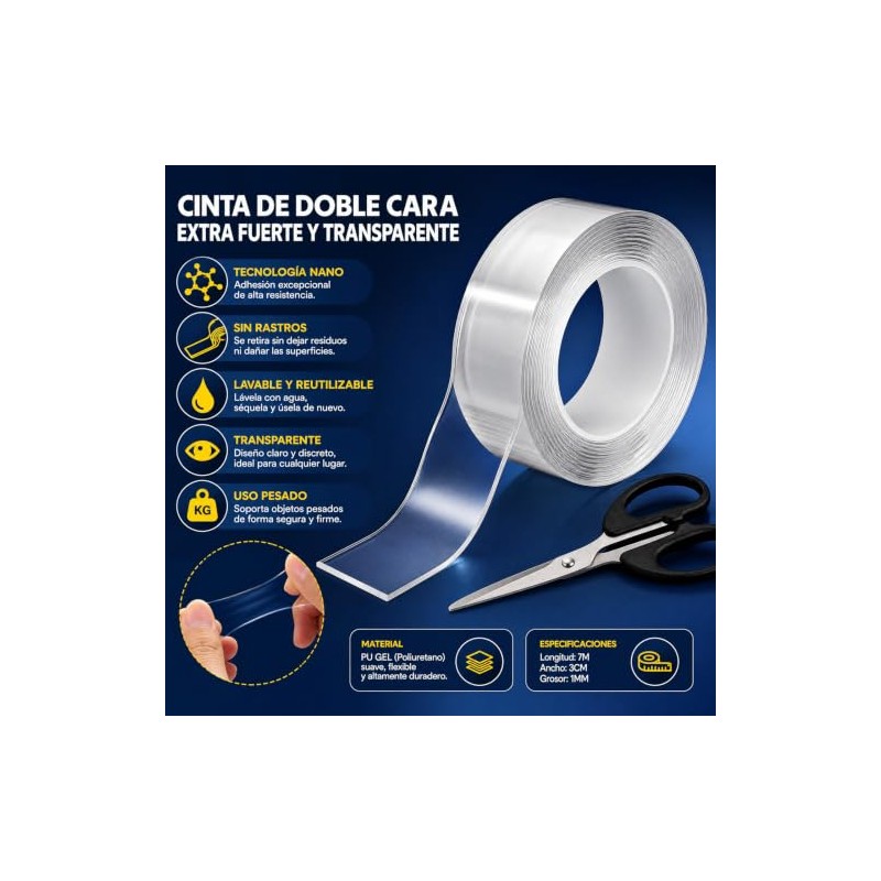 3 Rollos7M Cinta Doble Cara Extrafuerte,Reutilizable Nano Tape con tijeras,