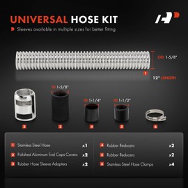 A-Premium 12" Universal Flexible Radiator Hose - Stainless Steel Water Hoses Adapter Coolant Hose Kit - with 2Pcs Polished Aluminum Caps (4 Clamps) Silver