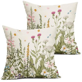 Wildflowers Spring Pillow Covers 18X18 Inch Set of 2 Sage Green Plant Floral Leaves Decorative Pillow Cases Flower Seasonal Cushion Case Farmhouse Home Decor for Sofa Couch Living Room