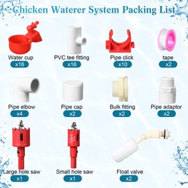 Tiangrid Complete Set Pipeline Automatic Poultry Nipple Waterer, 1/2" PVC Tee Fittings and Other Parts for Chicken, Turkey, Duck, Pigeon, Quail Feeding and Watering