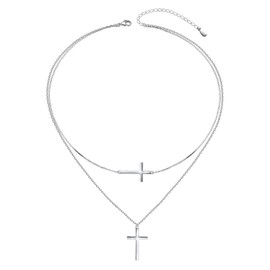 S925 Sterling Silver Faith Cross Double Layered Cross Necklace Christian Religious Prayer Jewelry Gifts for Women Birthday Gifts (01_Layered Cross Necklace)