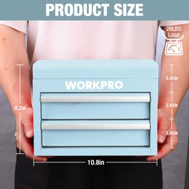 WORKPRO Metal Mini Tool Box, Top Tool Chest containing Two Drawers with Ball Bearing Slides, PVC Drawer Liners and PP Feet Pads, Durable Cold Rolled Steel Small Toolbox for Multi-Purpose Storage
