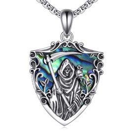 ONEFINITY Santa Muerte Necklace 925 Sterling Silver Santa Muerte Grim Reaper Pendant Santa Muerte Amulet Jewellery for Women Men, Sterling Silver, Simulated Abalone