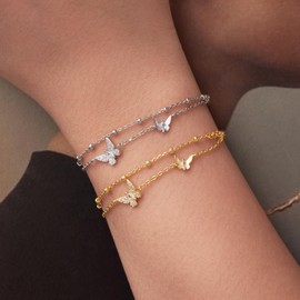 Qings Schmetterling Armband Damen 925 Sterling Silber Doppelschichtige Schmetterlings Zirkon Armkette Tier Schmuck Geschenke für Frauen,Silber