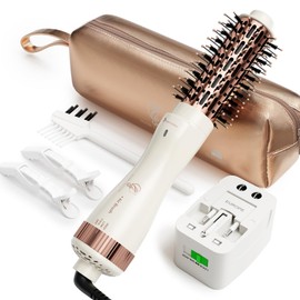 1.5 Inch Barrel (2.8’’ Plus Bristles) Dual Voltage(110~250V) Round Brush Blow Dryer, Hair Dryer Brush with European Plug Adapter, 4-in-1 Negative Ionic One Step Volumizer Dryer