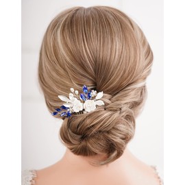 Missgrace Peine para el pelo de novia con diseño de hojas de perlas y diamantes de imitación, color azul y morado, con diamantes de imitación, clip para el pelo de flores, peines laterales para el pelo, accesorios para novias y mujeres (azul plateado)