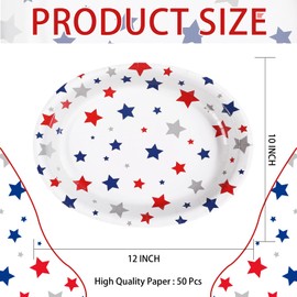 Grencian 50Pcs 4th of July Oval Paper Plates 10" x 12" Patriotic Red White and Blue Star Plate American Flag Plates Tableware Sets for Independence Day National Day Memorial Day Party Decoration
