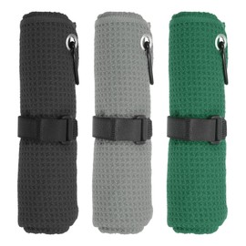 PATIKIL 24"x16" Microfiber Golf Towel, 3 Pack Tri-Fold Golf Towels Waffle Pattern Towels Absorption with D Clip, Hook and Loop Fastener, Black/Gray/Dark Green