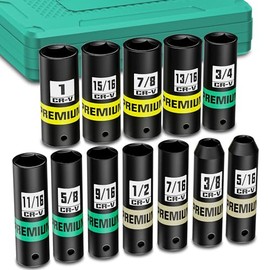 KIRXST 12-Piece 3/8-Inch Drive SAE Impact Deep Socket Set, 5/16 to 1 inch, CR-V, 6 Point, Heavy-Duty Sockets for Impact Wrenches, Automotive and Home