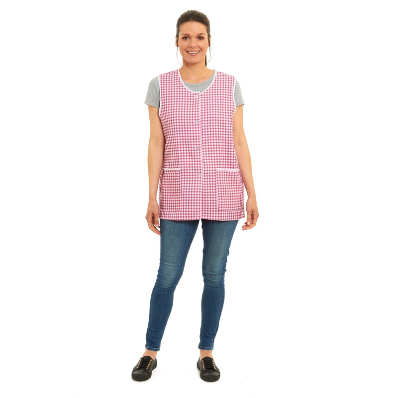 Ladies Gingham Buttons Through Design Piping Tabard Apron Overalls Front