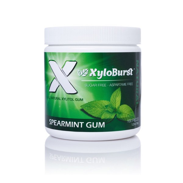 XyloBurst 100% Xylitol, Natural Chewing Gum 100 Count Jar Non GMO, Vegan, Aspartame Free, Sugar Free (Spearmint, 1 Jar)