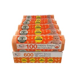 Tidyz 600 NAPPY BAGS WITH TIE HANDLES EXTRA LARGE (6 rolls of 100 bags)