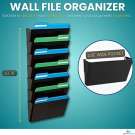 1InTheHome Hanging Wall File Organizer, Wall Mounted File Holder, Letter Size, 7 Pocket, Expandable, Black