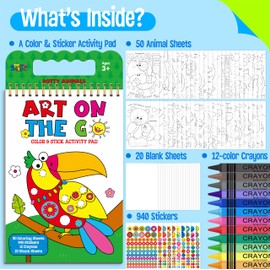 Road Trip Coloring Kit, 50 Coloring Pages with 940 Decorative Stickers & 12 Crayons, Mess-Free Travel Sticker Collage Activity DIY Dotty Animals Travel Art Craft Kit for Kids, Toddlers