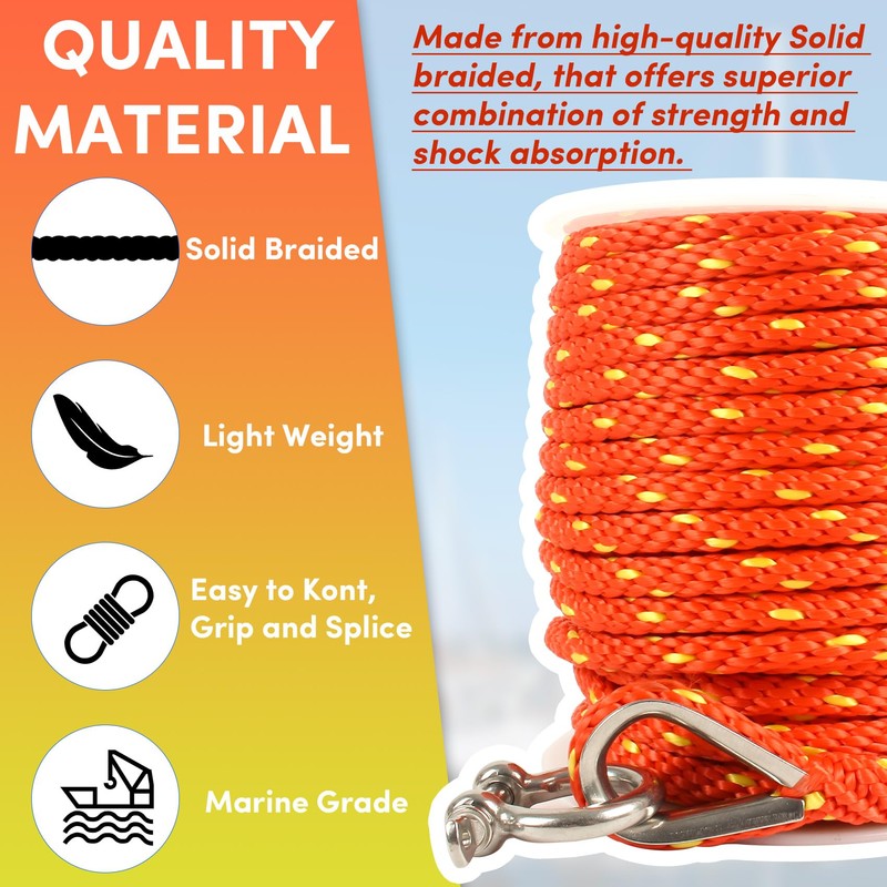 Premium Anchor Rope 100 ft x 3/8 inch, Solid Braid