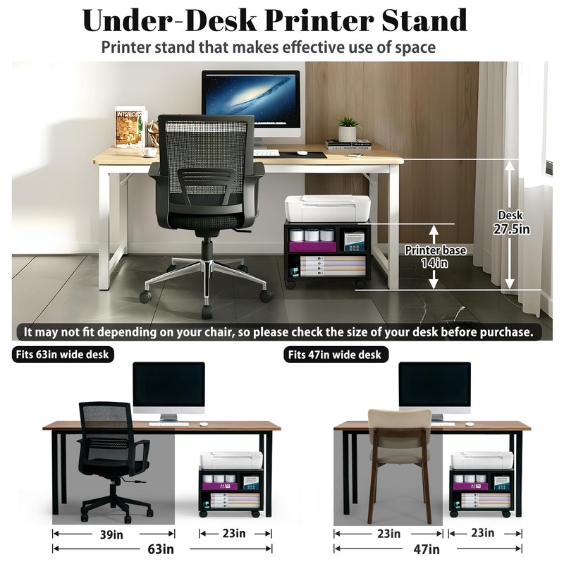 IBVIVIC Printer Stand with 3 Compartment, Under Desk Black Printer
