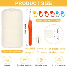 T-Shirt Yarn for Crochet, 400 g/120 m T-Shirt Yarn, Milky White Textile Yarn, Ribbon Yarn for Crochet, Chunky Yarn with 9.0 mm Crochet Hook for Crochet Bags, Baskets, Carpets, Home Decoration, DIY