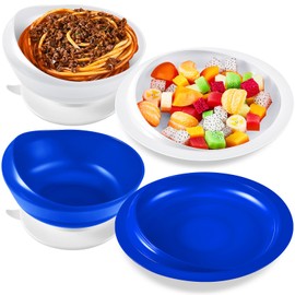 Hushee Adaptive Spill Proof Scoop Bowl and Plate Set with Suction Base Non Skid Self Feed Dinnerware for Elderly Disabled Handicapped from Parkinsons, Dementia, Stroke, Tremor(2 Sets,White and Blue)