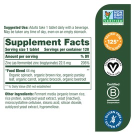 MegaFood Zinc Supplements - Vegan Immune Support Supplement with 22.5 mg High Potency Fermented Zinc - Made with Real Food - Gluten-Free, Kosher - 120 Tablets, 120 Servings