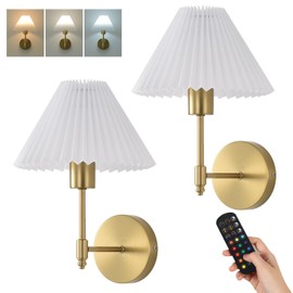 Battery Operated Wall Sconces Set of 2,Gold Rechargeable Wall Lights with Remote,Dimmable Wall Lamp with Pleated Shades,15 Colors Wireless Bathroom Vanity Wall Sconce for Bedroom Living Room Hallway