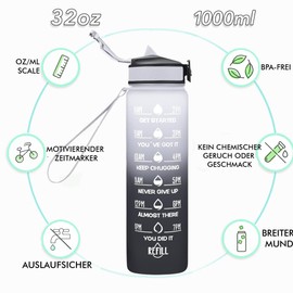 2 x Drinking Bottles, 1 L, BPA-Free Tritan Water Bottle with Straw, Sports Water Bottle with Time Marking for Fitness, School, Yoga, Outdoor (2 Pieces White/Black, Purple Light Orange)