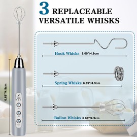 BSRGMS Milk Frother Handheld for Coffee, Electric Whisk 3 Speed Adjustable, Drink Mixer with Stainless 3 Whisks, Rechargeable Hand Frother Wand, for Latte Cappuccino Hot Chocolate Egg Cement Gray