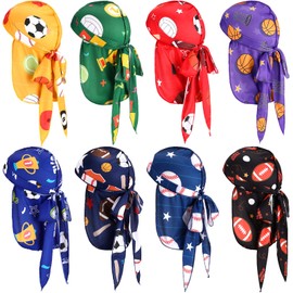 Leumoi 8 Pcs Kids Silky Durags for Boys, Sports Ball Theme Long Tail Satin Headwrap Durag for Baby Toddler Child(Sports)