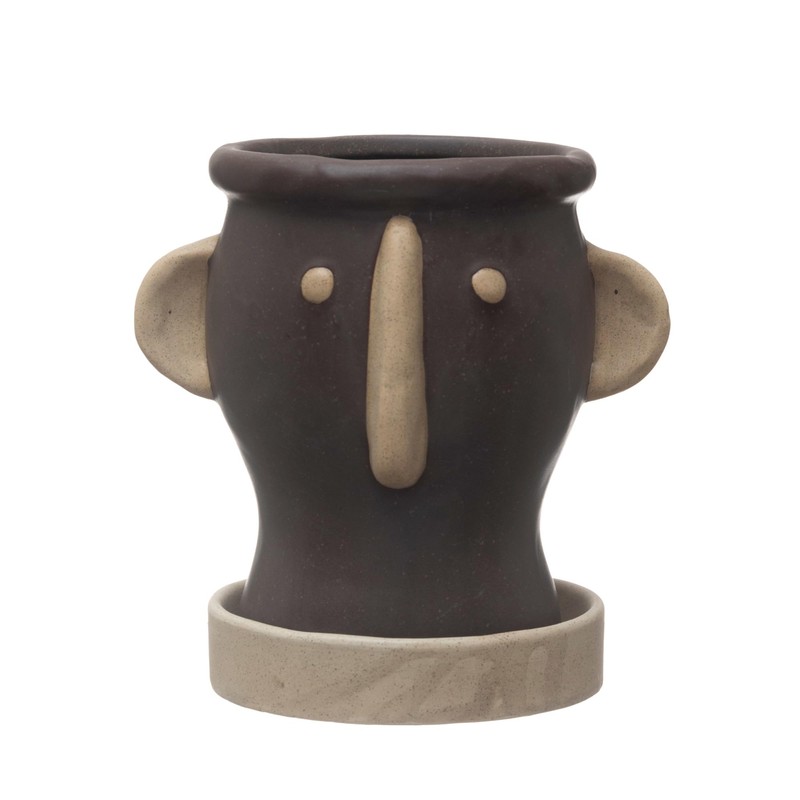 Creative Co-Op Stoneware Face Planter with Saucer, Brown & Cream